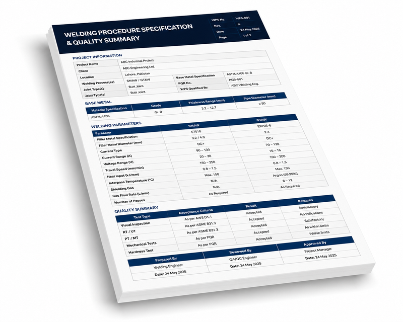 Welding Procedure Specification (WPS) & Quality Summary