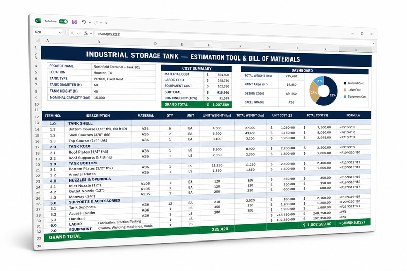 Industrial Storage Tank Estimation Tool & Bill of Materials (BOM)